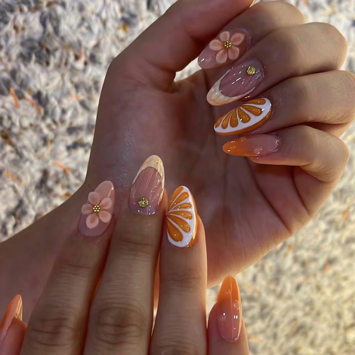 Press On Nails - Glossy Marble Medium Almond with 3D Flower & Gold Star Charms | 30 Pcs, Reusable for Ocean Beach Manicure