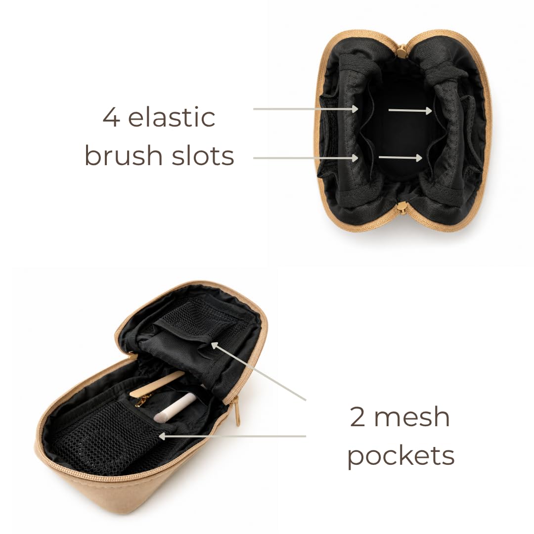 VANTSO Mini Standing Makeup Bag and Teacher Pouch for Women, Expandable Travel Cosmetic Organizer with Brush Holder, Multi-purpose Teacher Makeup Bag & Pencil Case for Daily Essentials