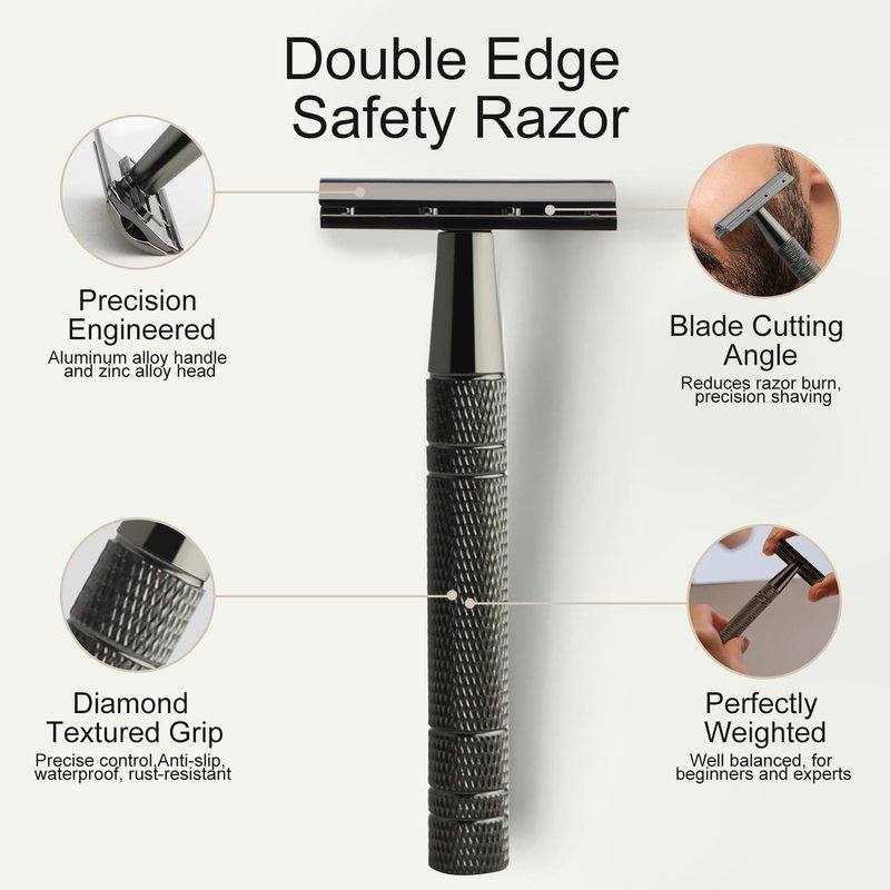 Shiny Gun Black Double Edge Safety Razor, Single Blade Razors for Men and Women, with 10 Stainless Steel Safety Razor Blades, Reusable Smooth and Close Wet Shaving Kit, Plastic Free