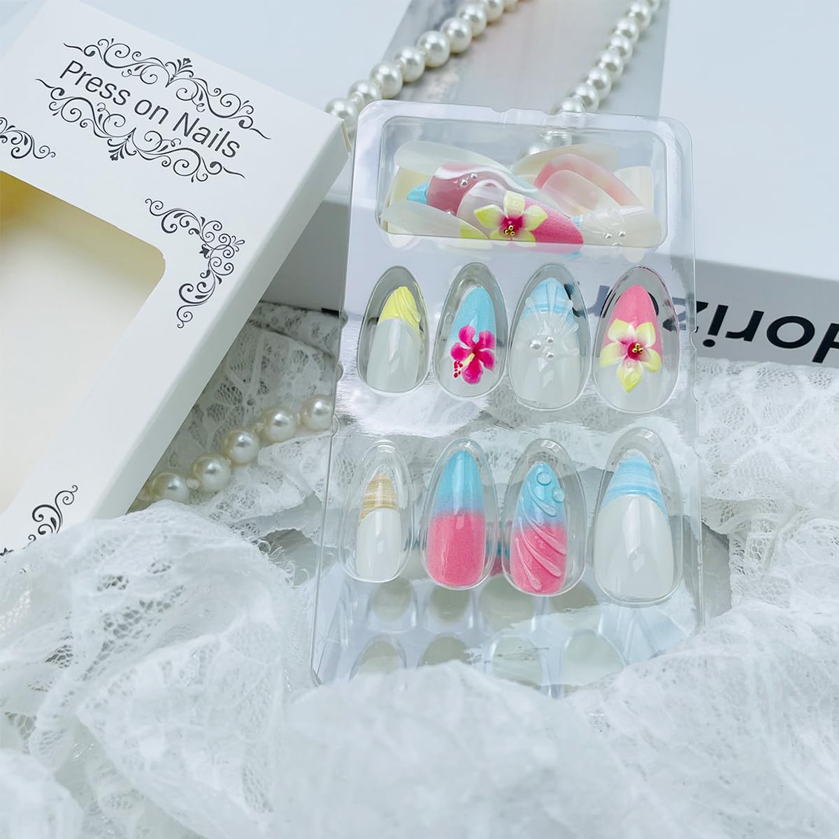 NEWSPIED 24Pcs Blue Flower Almond Acrylic Press On False Nails with 3D Pearl Flower Designs Relief Ripple Artificial French Tips Glue on Nails for Women