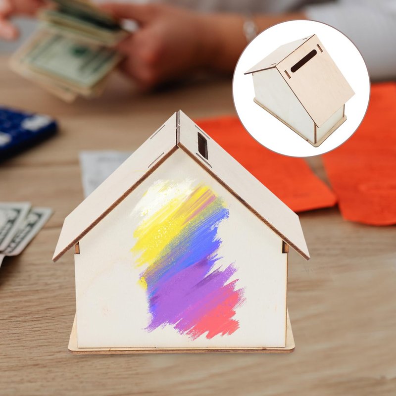Angoily 15-Piece DIY Wooden House Piggy Bank Set Unfinished Wood Coin Bank for Kids Craft Painting Savings Container 4.13X6.49X3.93In