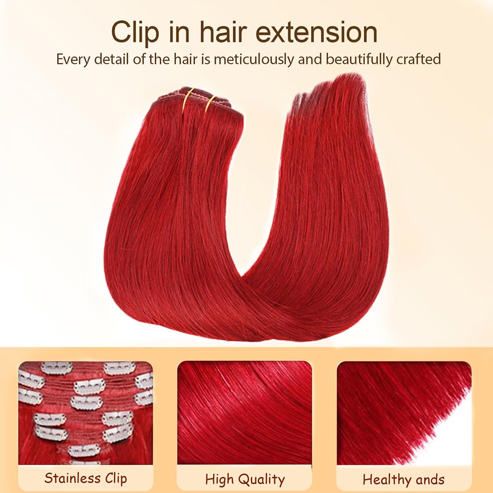 Red Clip in Hair Extensions Real Human Hair, 18 Inch 120g/7Pcs,Full Shine Remy Hair,Wine Red Straight Clip ins Brazilian Virgin Human Hair Extensions