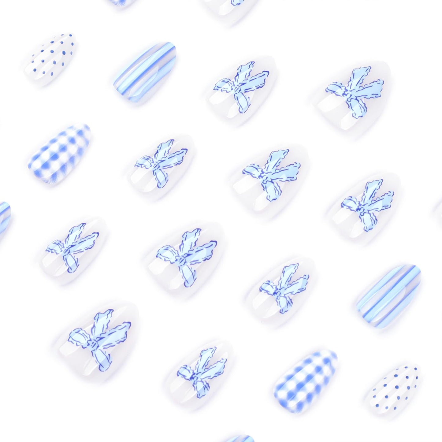 Polka Dot Press-On Nails - Short Almond Acrylic Design with Bow & Plaid Stripes | Blue Summer Reusable Full Cover