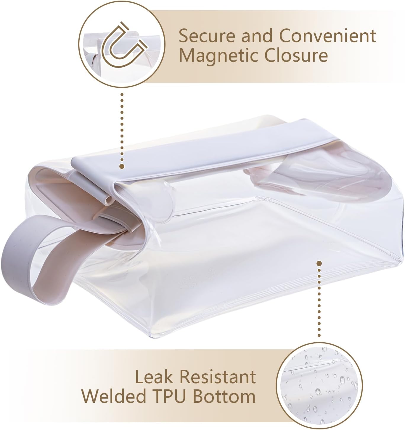 Clear TPU Toiletry Bag - TSA Approved Makeup Organizer with Magnetic Closure | Leak-Resistant Travel Pouch (Beige)