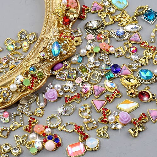 JALIYA 50pcs Gold 3D Nail Charms for Acrylic Nails – Mixed Styles, Rhinestones & Pearls (Gold)