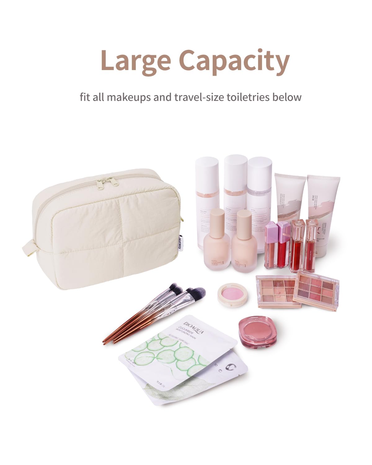 Narwey Puffy Makeup Bag for Travel Women Girl, Quilted Makeup Bag Cosmetic Bag, Cute Puffer Make up Organizer Bags, Travel Toiletry Bag Toiletries (Beige)
