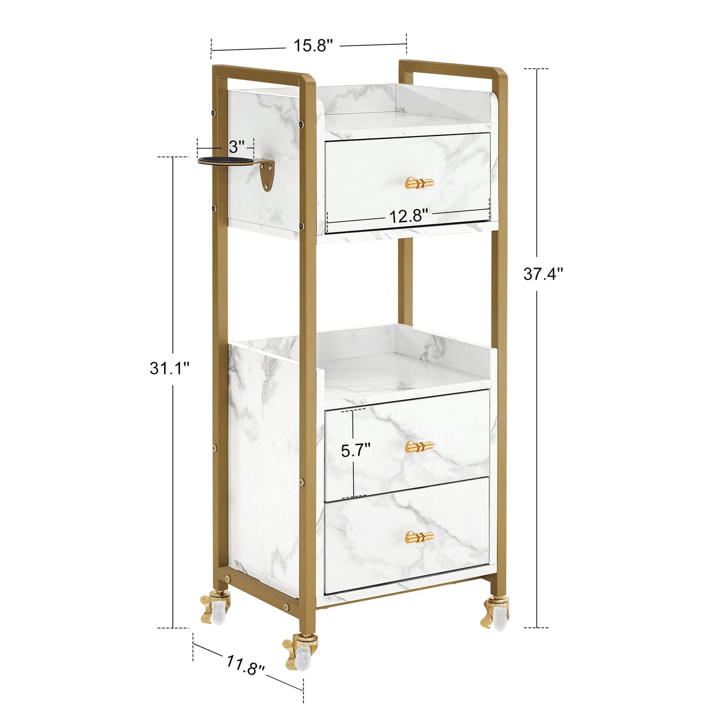 BarberPub Salon Cart with Lockable Wheels, Acetone Resistant Storage Barber Trolley with 1 Hair Dryer Holder & Drawers, Rolling Tattoo Cart, Makeup Organizer Beauty Equipment 2478 (White)