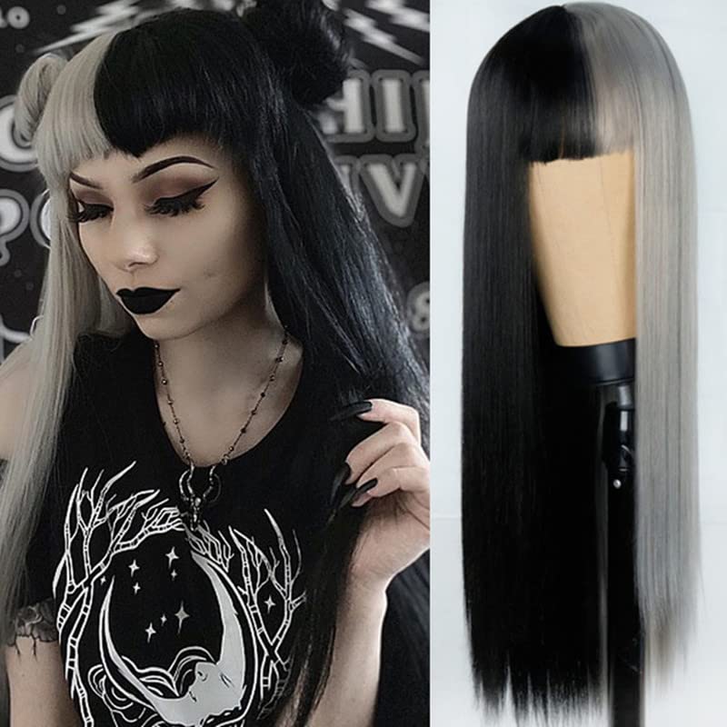 Long Straight Synthetic Wig with Bangs - Two-Tone Grey and Black