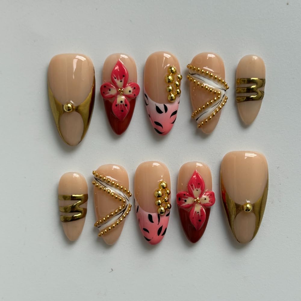 Press On Almond Nails - Handmade 3D Design, Thick Acrylic Gel | Reusable DIY Artificial Nails for Women (10 Pieces)