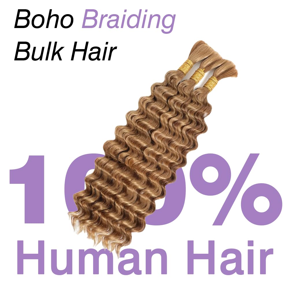 Human Braiding Hair for Boho Braids 18 Inch 110g Deep Wave Bulk Human Hair for Braiding Knotless 12A Curly Wet and Wavy Boho Bohemian Braids No Weft 3 Bundles 4/27 Color (18 Inch-110g)