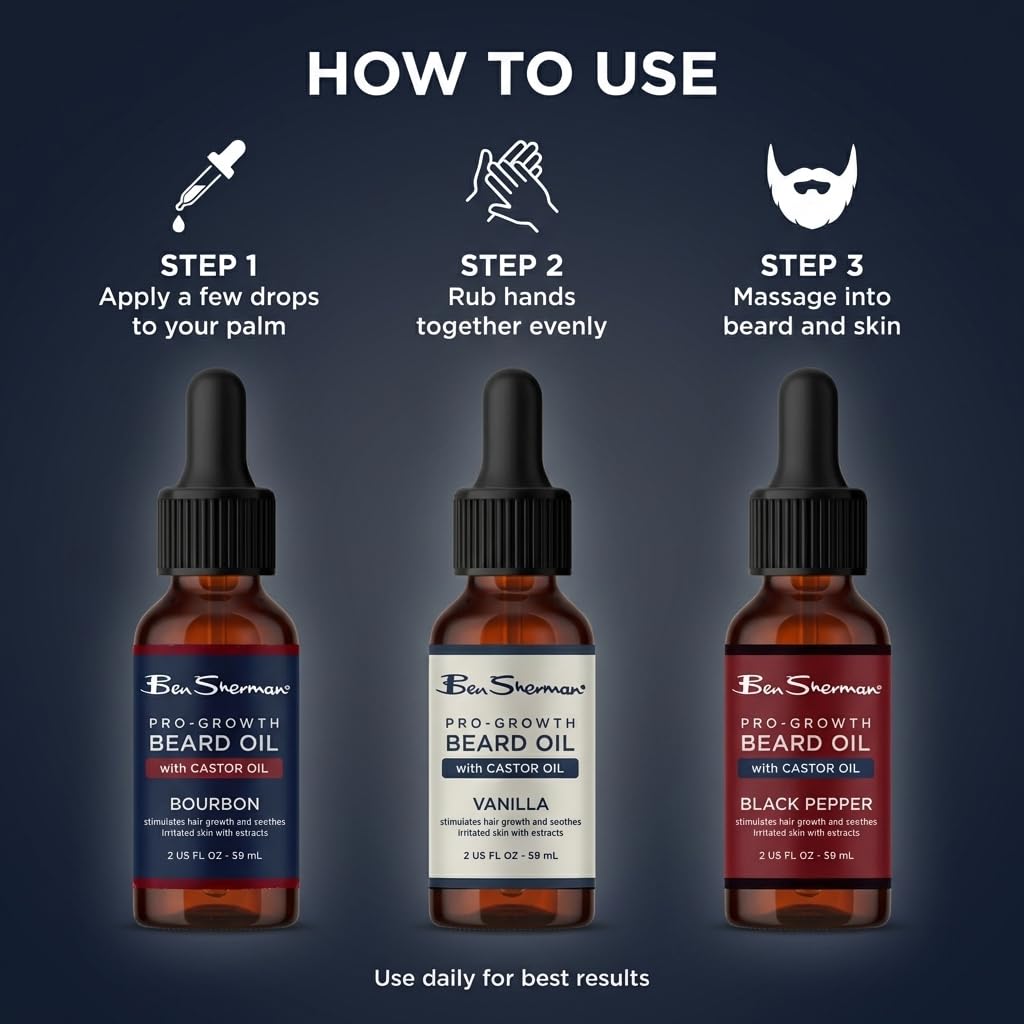 Ben Sherman Beard Oil for Men 3 Pack – Castor Oil Beard Care Set for Growth – Bourbon, Vanilla & Black Pepper – Mens Beard & Mustache Conditioning Treatment