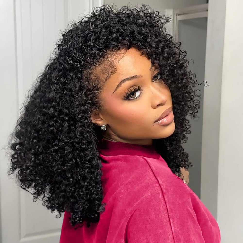 Kinky Curly 3 In 1 Half Wig - 200% Density Human Hair | 16 Inch Afro Curly Flip Wig for Women