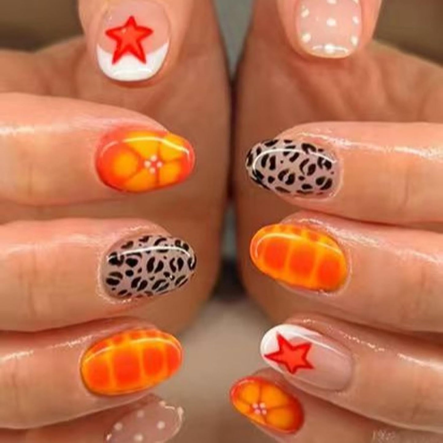 Medium Oval Press-On Nails - Glossy Summer Designs | Cute Orange, Reusable Full Cover Nails, 24 Pcs