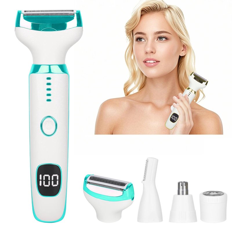 Beanify Electric Razor for Women Men with LED Display,4 in 1 Ladies Wet & Dry Body Razors and Facial Hair Remover, Rechargeable Hair Removal Kit for Nose Face Body Leg Bikini Arm Hair (White Cyan)