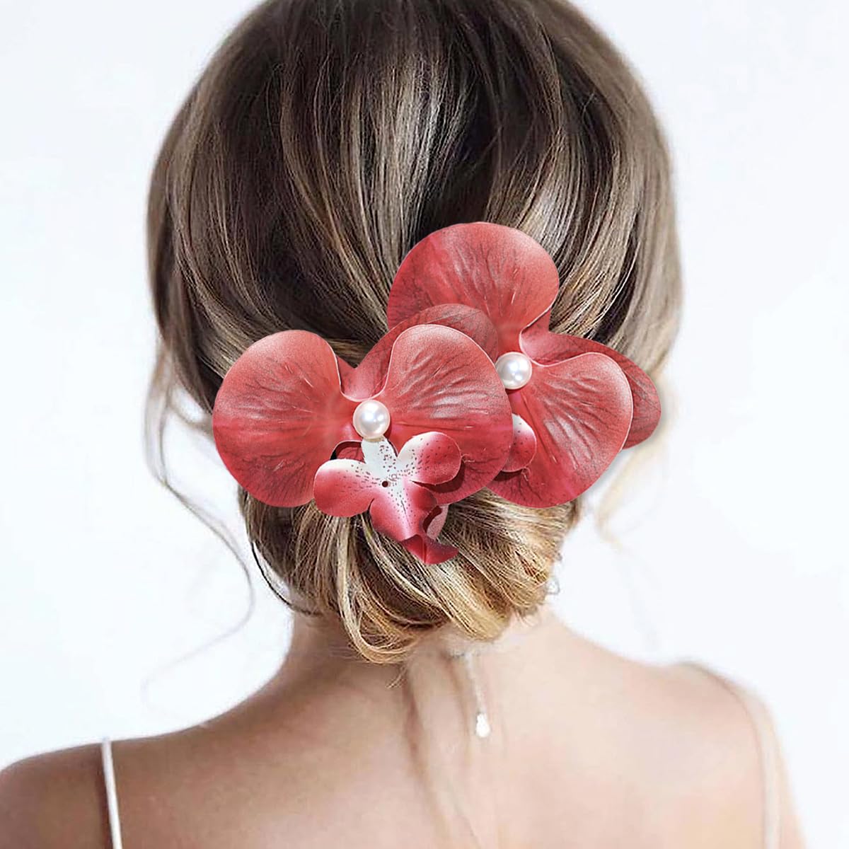 Boho Orchid Hair Clips - 2pcs Artificial Phalaenopsis Barrettes | Bridal Beach Party Accessories (Blue)
