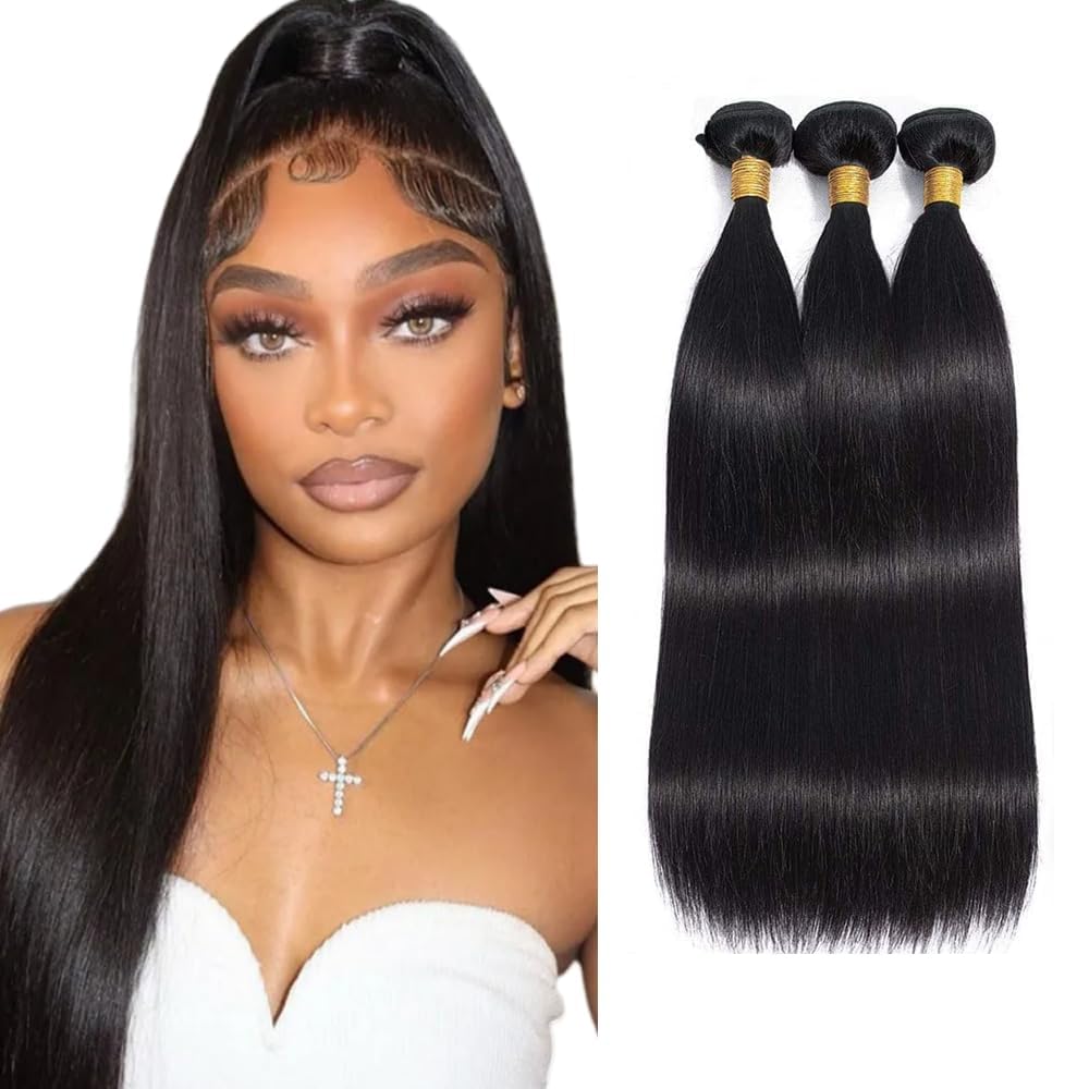 Straight Human Hair Bundles 22 24 26 Inch 3 Bundles/151g Double Weft Natural Black Color Straight Bundles Human Hair Weave For Black Women