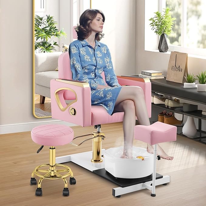 Pink Spa Pedicure Chair - No Plumbing, Portable 360° Rolling Stool | Nail Tech Beauty Salon Equipment