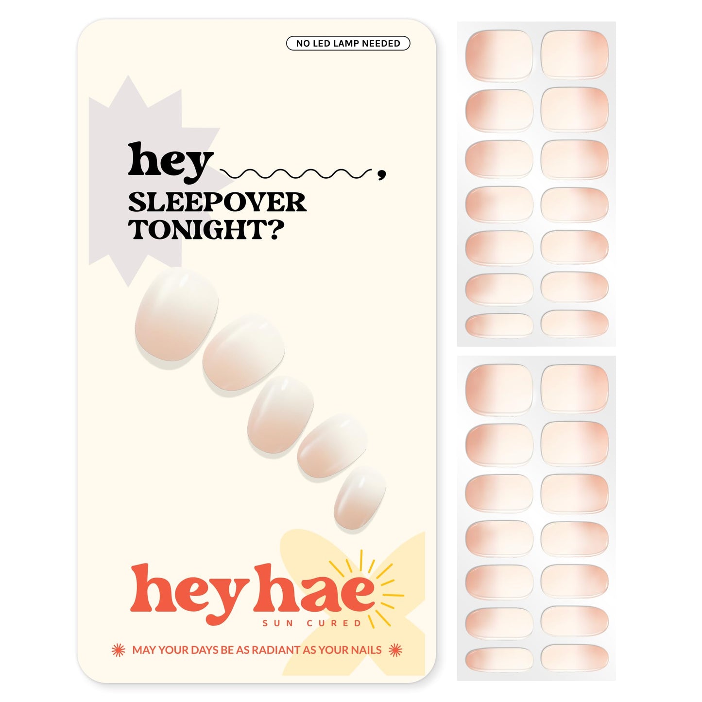 Heyhae Semi Cured Gel Nail Strips | No LED Lamp Needed | Ombre, Neutral, Spring | Easy Apply & Remove, Salon Quality |Includes 28 Strips, 1 Prep Pads, Nail File & Wooden stick- Hey, Sleepover Tonight?