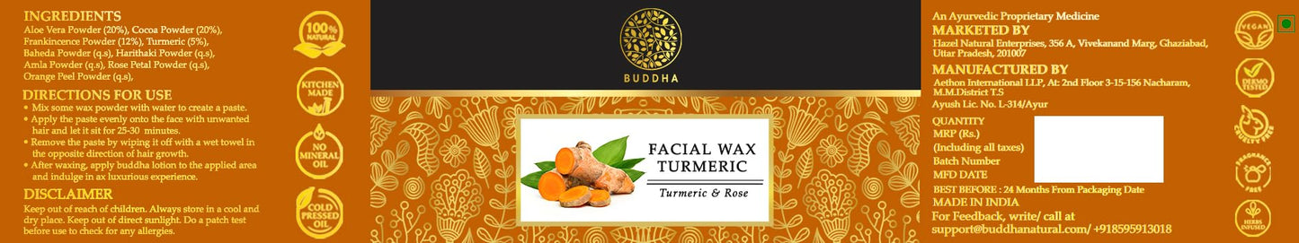 Buddha Natural Facial Wax Powder with Turmeric (50 Gram, 1.7 oz) - Painless Natural Face Hair Removal Waxing Powder, Instant Quick Solution