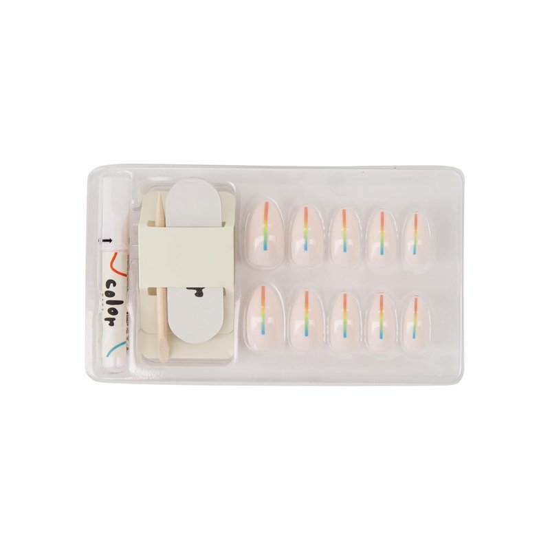 Color Surge Faux Nails - Short Almond Press-On Nails with Pearl Iridescent Finish | Rainbow Stripe Design Acrylic Nail Kit for Women