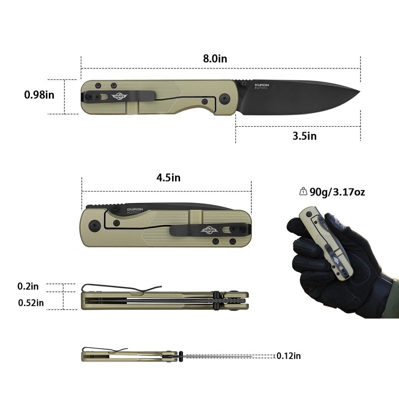 OKNIFE Duron Folding Pocket Knife, 3.5" PVD Coated Nitro-V Steel Blade, Frame Lock Lightweight O-Aluminum Ambidextrous Handle with Clip, Ideal EDC Tool for Outdoor, Camping & Survival (Olive Green)