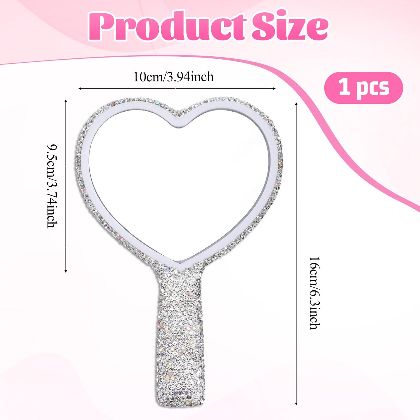 SULIKJHUI Rhinestone Handheld Mirror, Heart Shaped Glitter Cosmetic Mirror with Handle, Wedding & Makeup Accessories for Women, Silver White (6.3 Inch