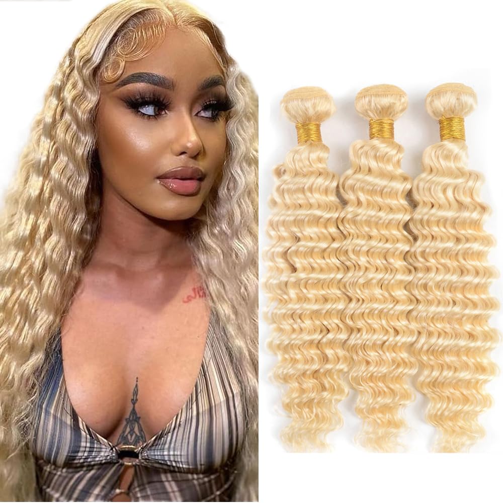 AuokMar Blonde Bundles Human Hair 613 Deep Wave Bundle 14 16 18 inch 8A Peruvian Virgin Mixed Length 3 Bundles 613 Blonde Deep Wave Bundle