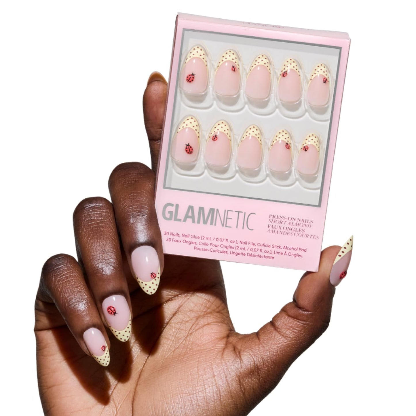 Glamnetic Short Almond Press-On Nails Bundle - Brown & White Polka Dot French Tips | Durable Salon-Quality Kits
