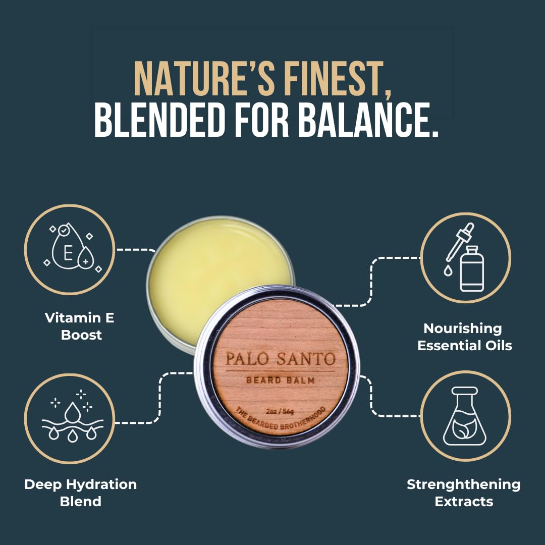 The Bearded Brotherhood TBB Palo Santo Beard Balm for Men | Natural Beard Conditioner and Styler with Shea Butter, Jojoba Oil, Argan Oil | Sweet Woodsy Scent | Handcrafted in Texas | 2 oz