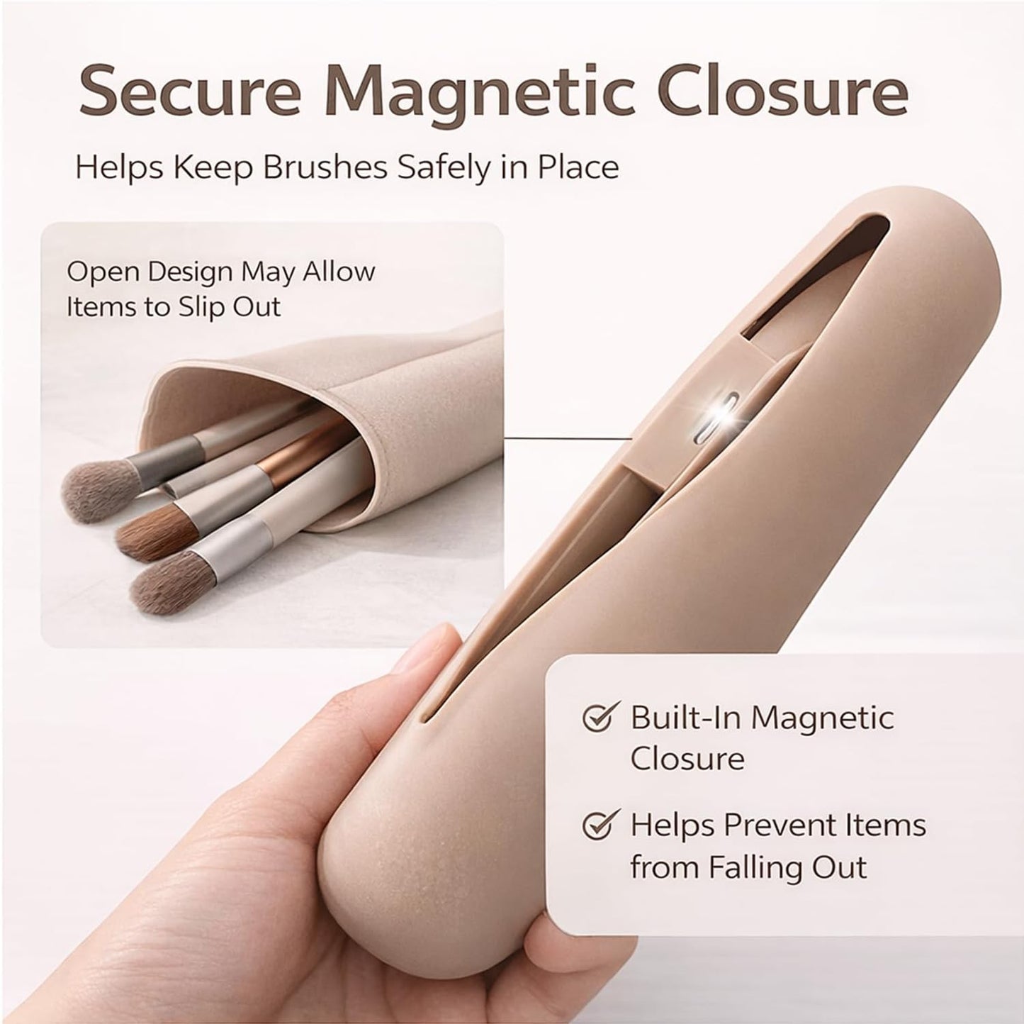 Silicone Makeup Brush Holder - Magnetic Closure Travel Bag with Built-In Cleaner | Portable Cosmetic Organizer - Khaki