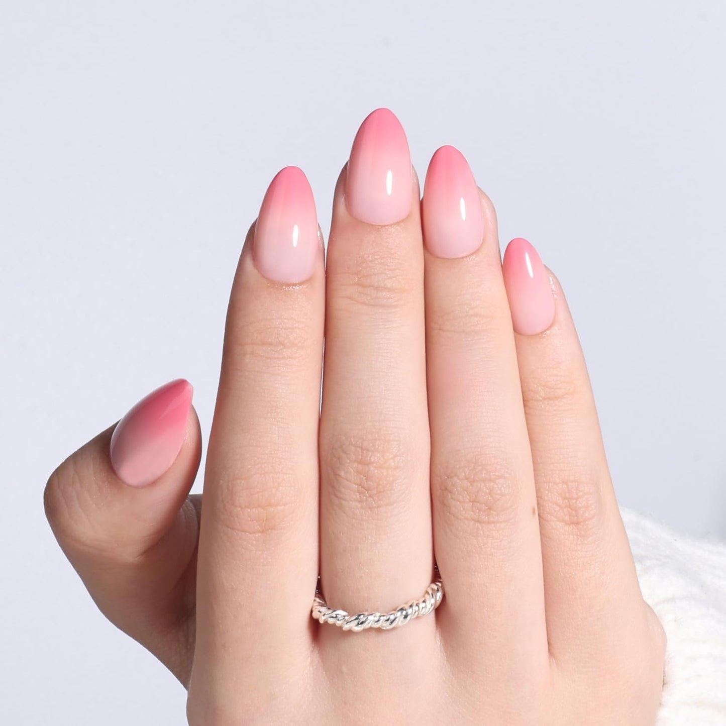 French Tip Press On Nails - Glossy Pink Almond Reusable Fake Nails | 32 Pieces in 16 Sizes with Glue