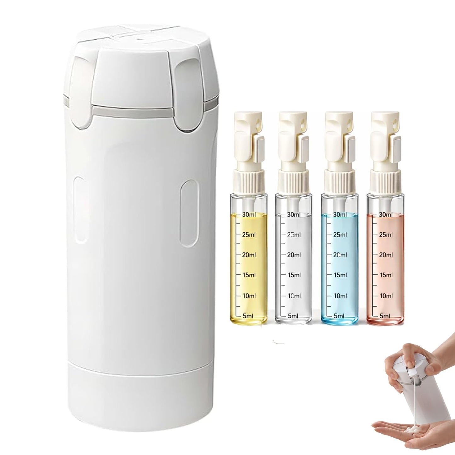 4 in 1 Travel Dispenser, Travel Bottles for Toiletries, No Squeeze Press Dispenser 30ML Leak Proof Travel Containers, Portable Refillable Shampoo Lotion Conditioner Bottles with Labels(1White)