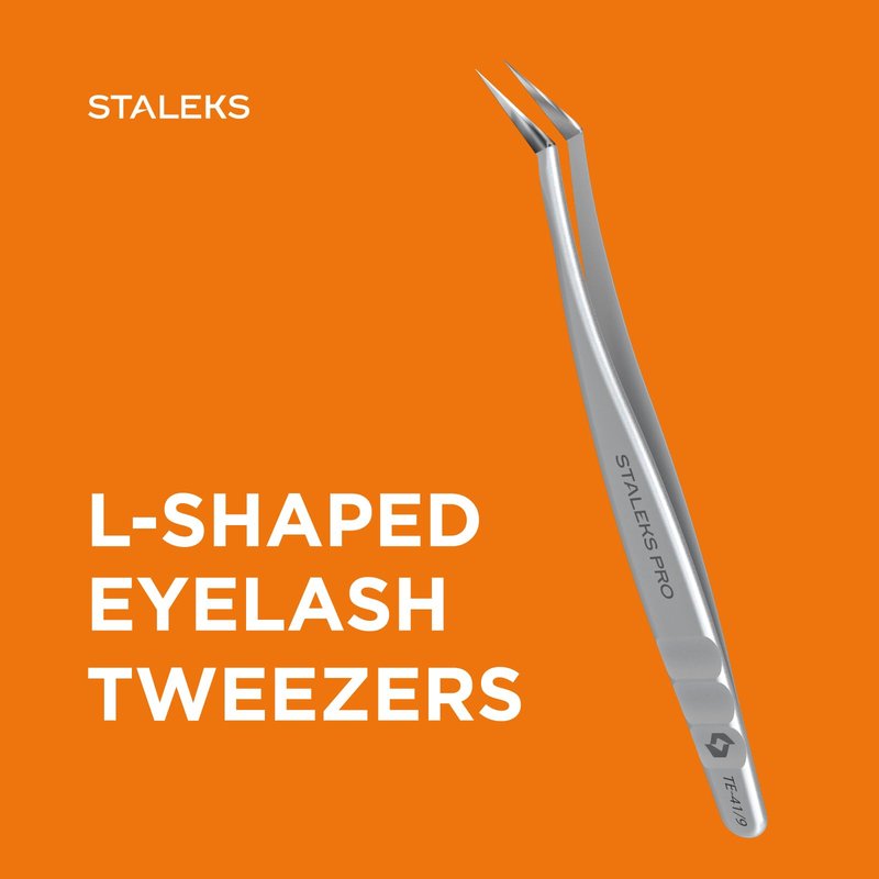 STALEKS PRO Expert 41 Type 9 Professional Eyelash Tweezers (L-Shaped 35°) – Stainless Steel for Mega-Volume 2D-8D Lash Extensions & Long Working Edges