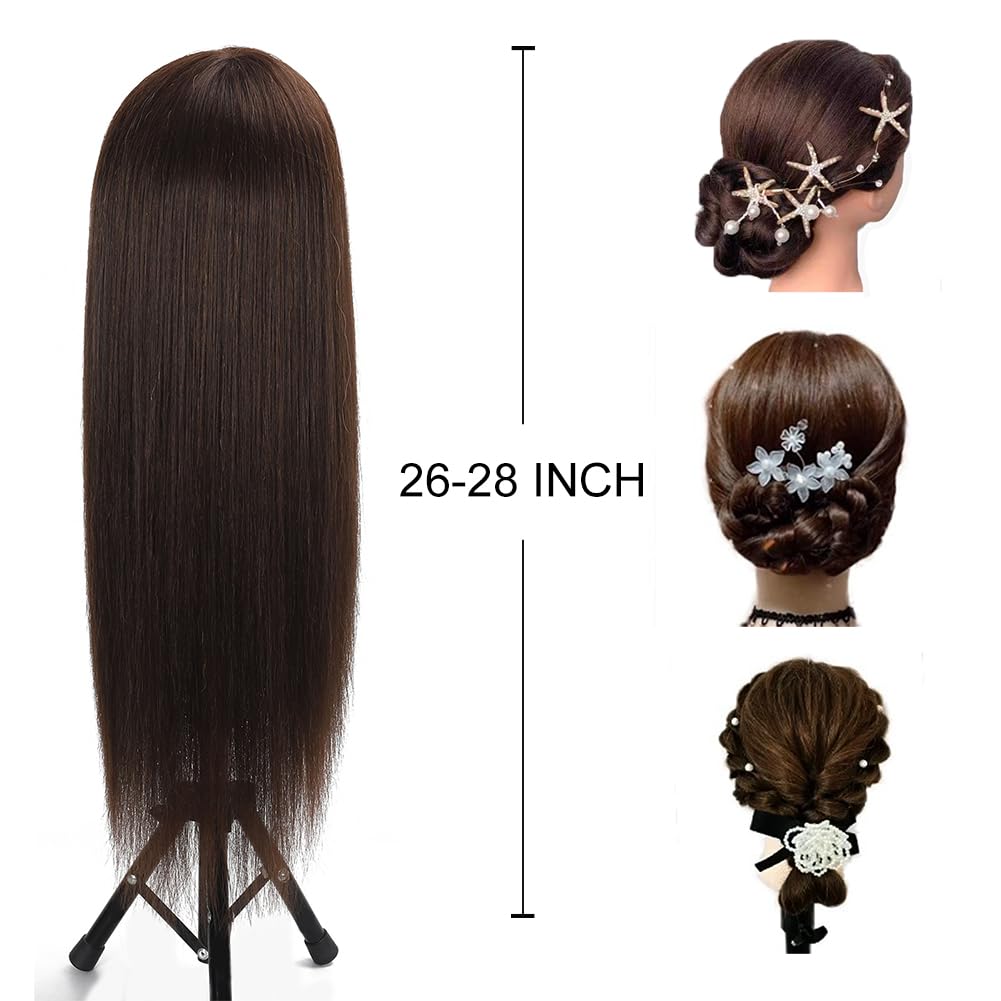 Mannequin Head - 26”-28” Real Hair Cosmetology Doll Head | Dark Brown Styling Manikin