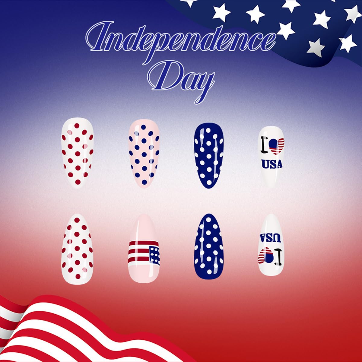 4th of July Press on Nails Polka Dot Fake Nails Medium Almond False Nails with American Flag & Heart Designs Red White Blue Patriotic Nail Reusable Full Cover Glue on Nails for Women Kit 24Pcs