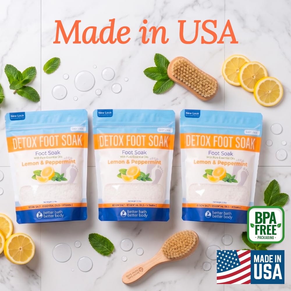 Detox Foot Soak (3 Pack) Epsom Salt Soothing Soaks and Athlete's Foot Detox with Essential Oils in BPA Free Pouch with Press Lock Seal (Bundle with Three 2 Lbs Pouches 6 Lbs Total)