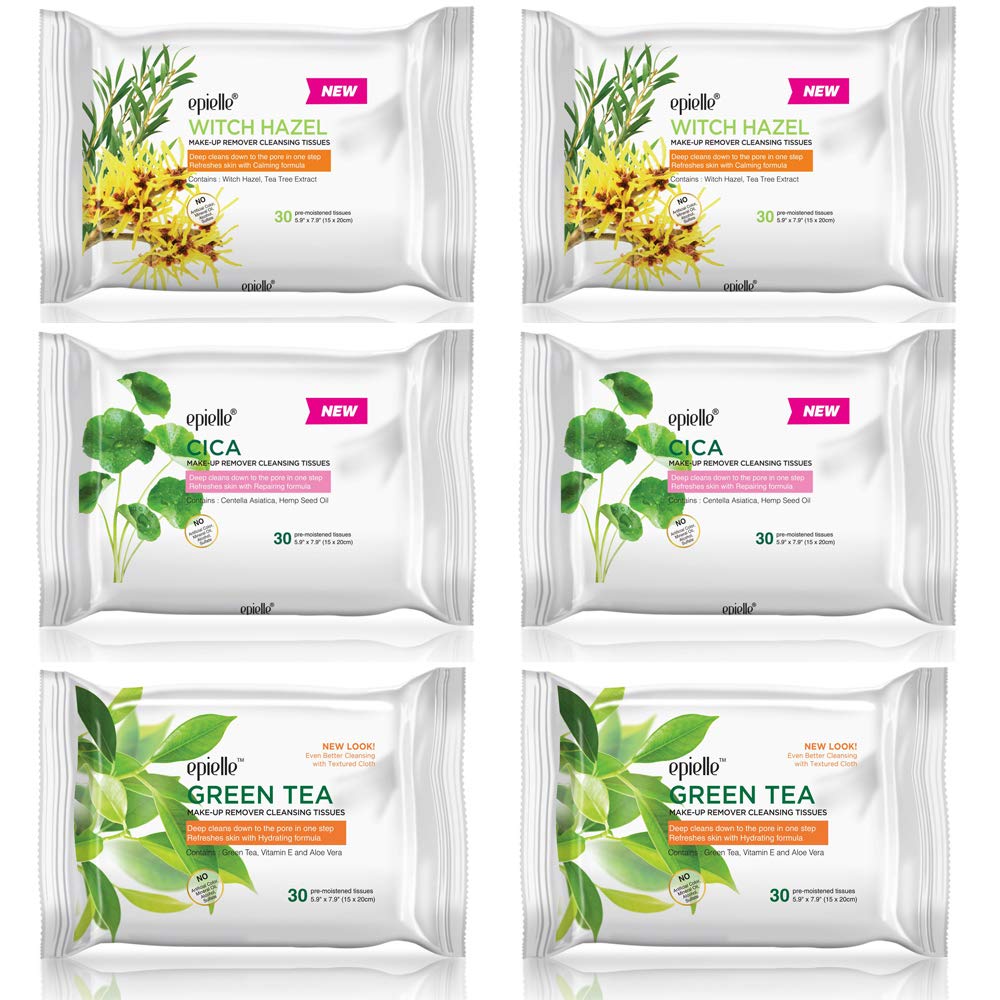 Epielle Gentle Skin Cleansing Wipes - Vitamin C, Aloe Vera & Green Tea | 6 Pack, 30 Count Each, Alcohol-Free, Hypoallergenic