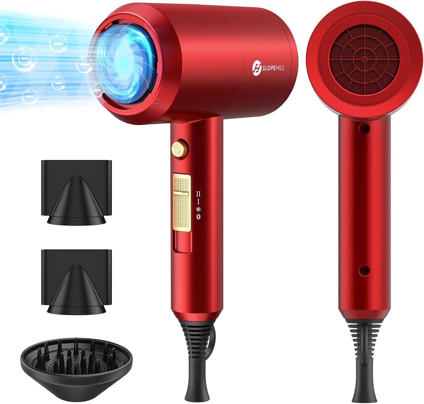 Ionic Hair Dryer - Powerful 1800W Fast Drying with Low Noise | 2 Concentrator Nozzles & 1 Diffuser - Agate Red