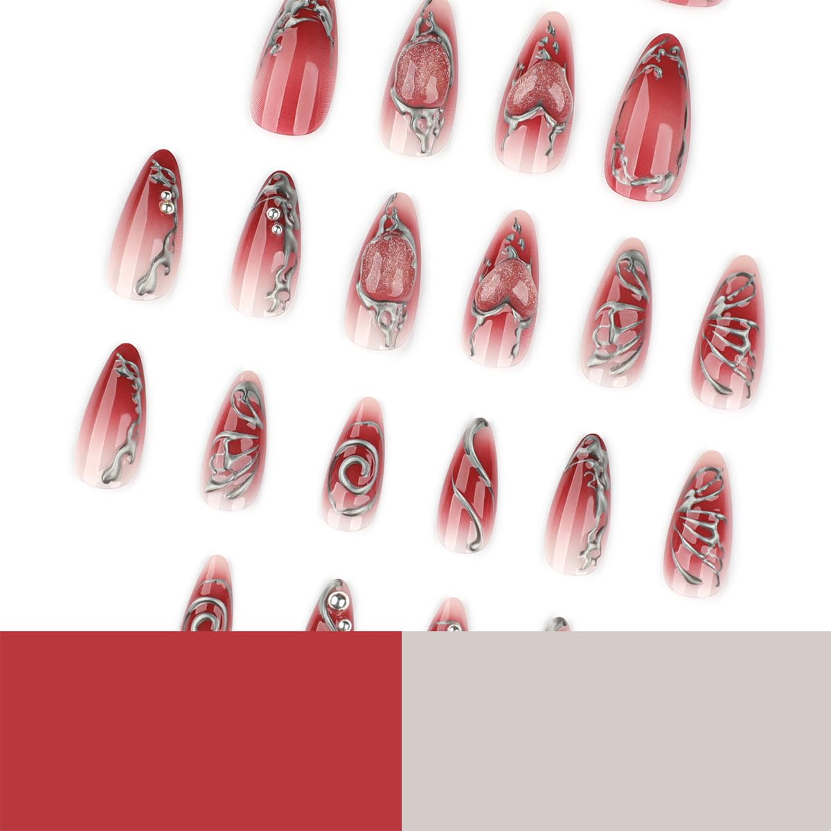 24Pcs Red Press on Nails Medium Almond Y2k Fake Nails with Silver Beads Irregular Chrome Lines Designs Red Artificial Nails Gothic Metallic Acrylic False Nails Full Cover Stick on Nails for Women