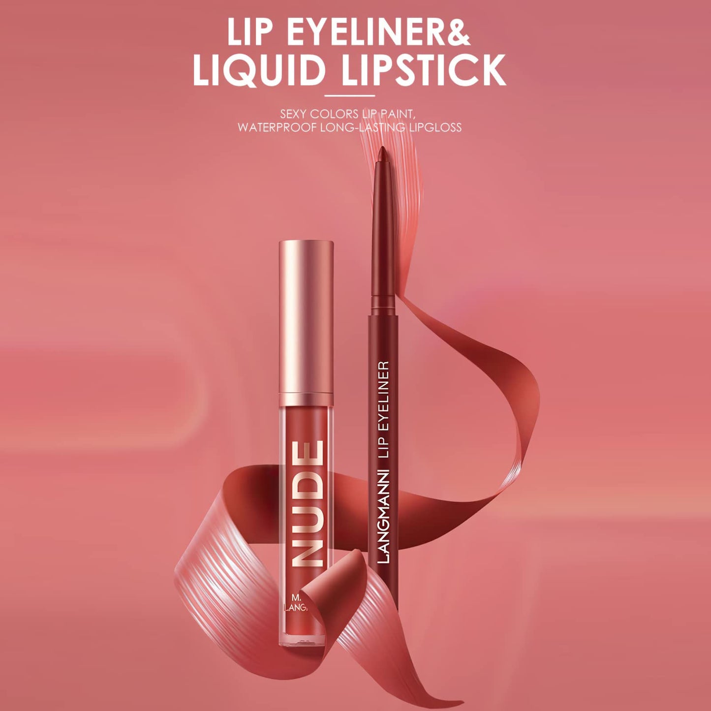 MIELIKKI 2Pcs Matte Liquid Lipstick and Lip Liner Set, One Step Lips Makeup Kit, Non-Stick Cup Lip Gloss + Lip Liner Pen, High Pigmented, Waterproof, Long-Lasting, 01
