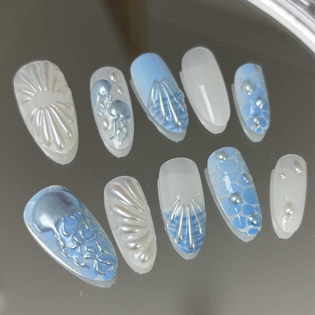 30Pcs Summer Beach Press on Nails Medium Almond Fake Nails 3D Blue Jellyfish with Rhinestones Glitter Designs Full Cover French Tip Stick on Nails Ocean False Nails for Women Girls Acrylic Nail Art
