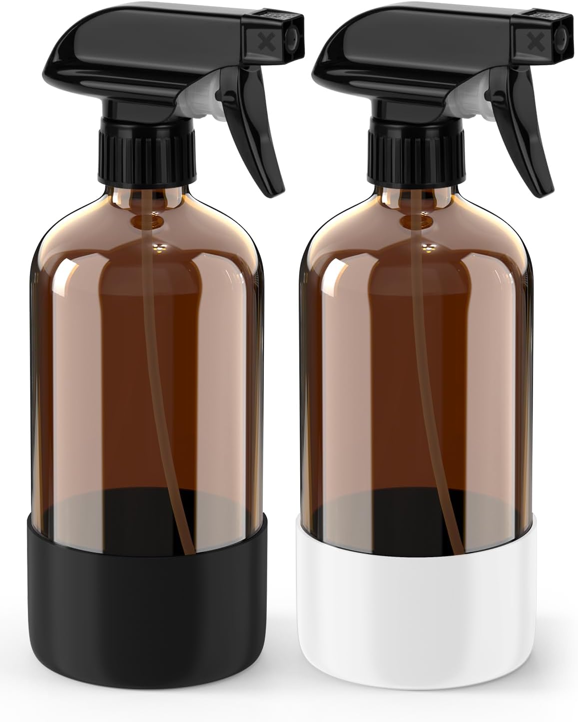 Bontip Amber Glass Spray Bottle Set - Silicone Sleeve Protection for Aromatherapy & Hair Care | 16 oz (Black & Brown)