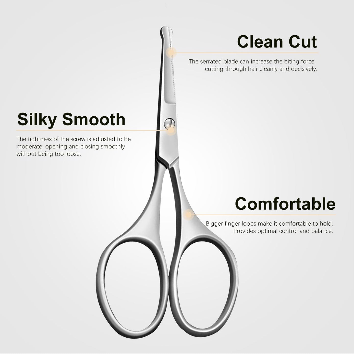 Facial Hair Scissors for Men Women - Eyebrow, Nose Hair, Beard, Eyelashes, Moustache, Ear Hair Trimming Kit, Curved and Rounded Safety Tips-2PCS Silver