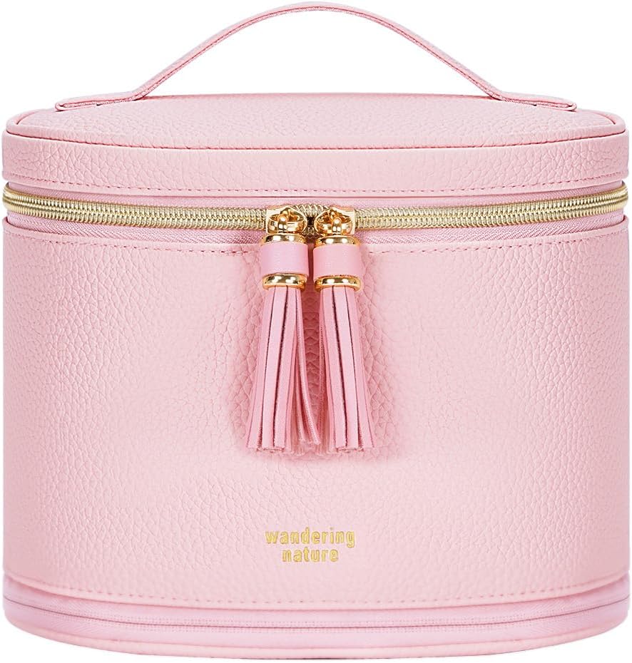 Travel Makeup Bag for Women - Structured Vanity Case with Wipe-Clean EVA Interior & Removable Divider | Fold-Flat PU Leather with Handle