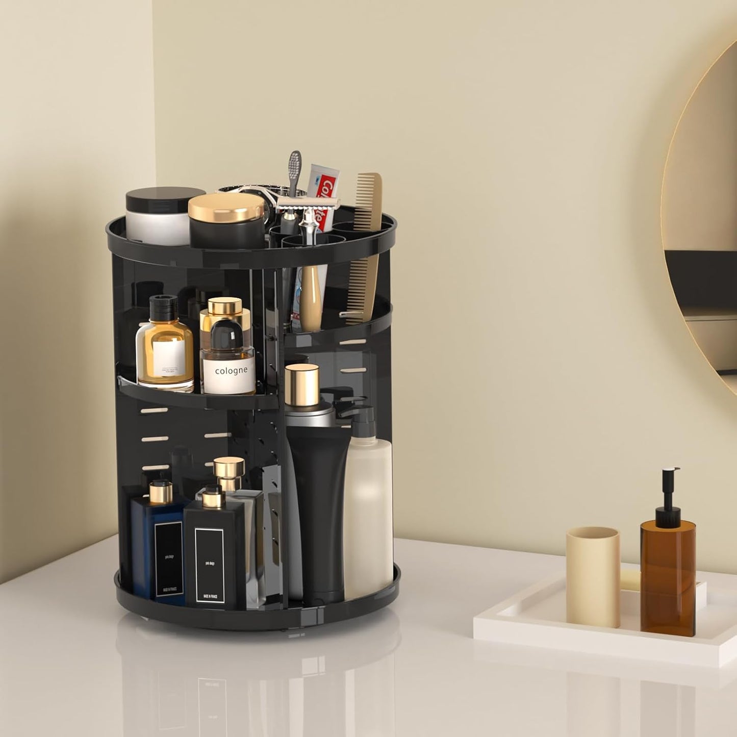 Rotating Makeup Organizer - DIY 8-Layer Spinning Skincare Storage | Multi-Function Vanity Display Case with Brush Holder & Perfume Tray - Black