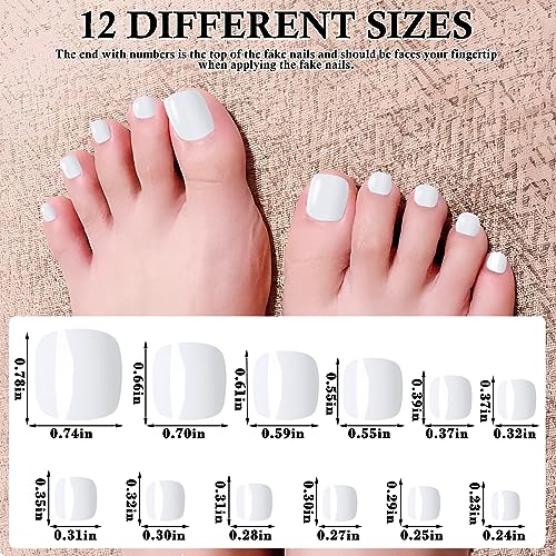 LuckForever White Press On Toenails Kit with 240 Tips & Adhesive Tabs - Short Square Fake Toenails for DIY Pedicure