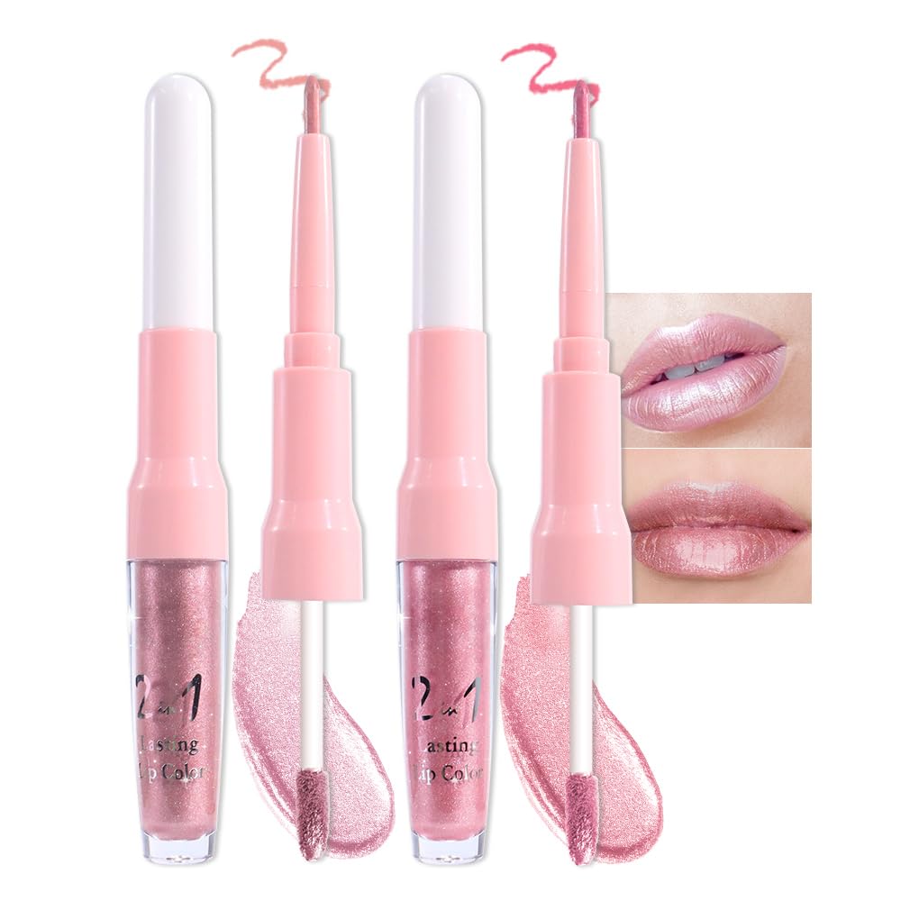 Dark Purple Red Metallic Glitter Lip Liner & Lipstick Combo - Long Lasting Waterproof Liquid Lipstick Set for Women | Iridescent Shine, Non-Stick Cup