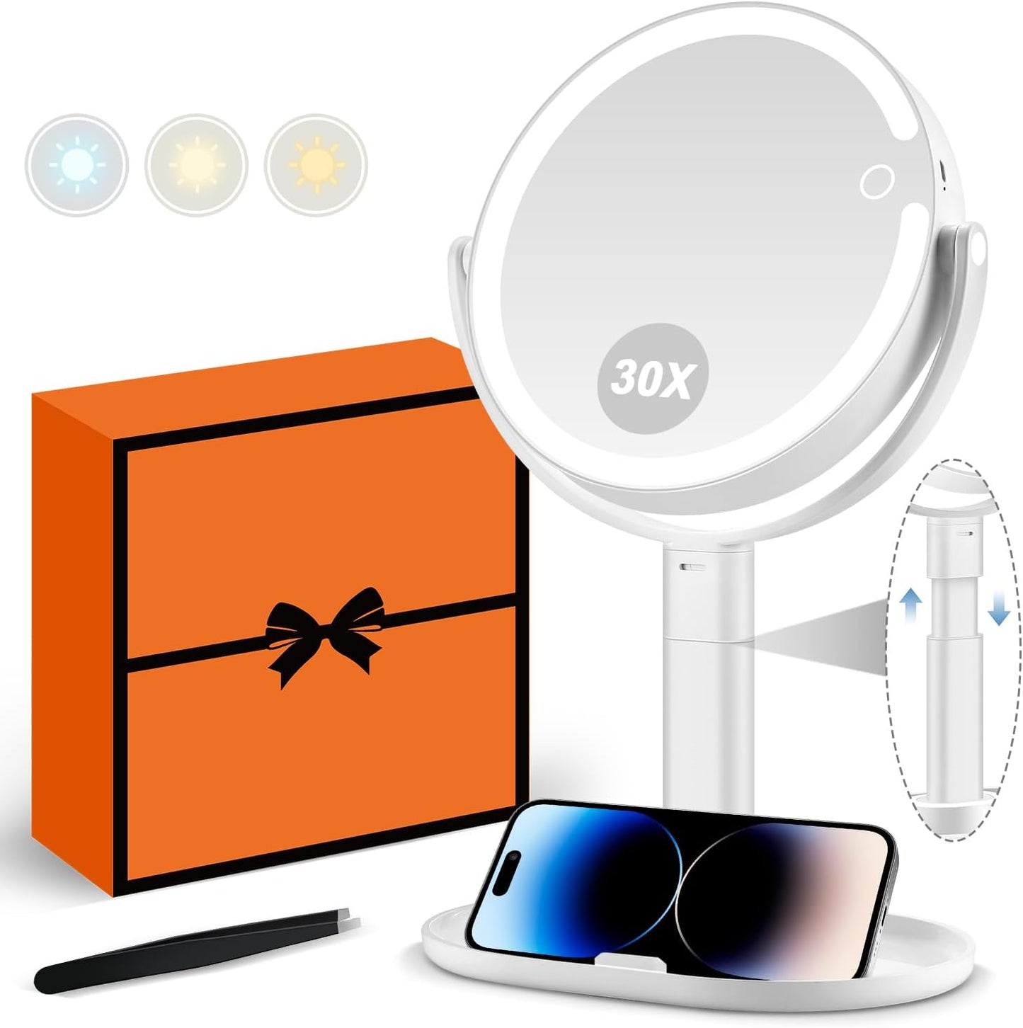 MIYADIVA 30X Magnifying Makeup Mirror with Lights - Adjustable Height, Dual-Sided, Phone Holder, 2000mAh Battery