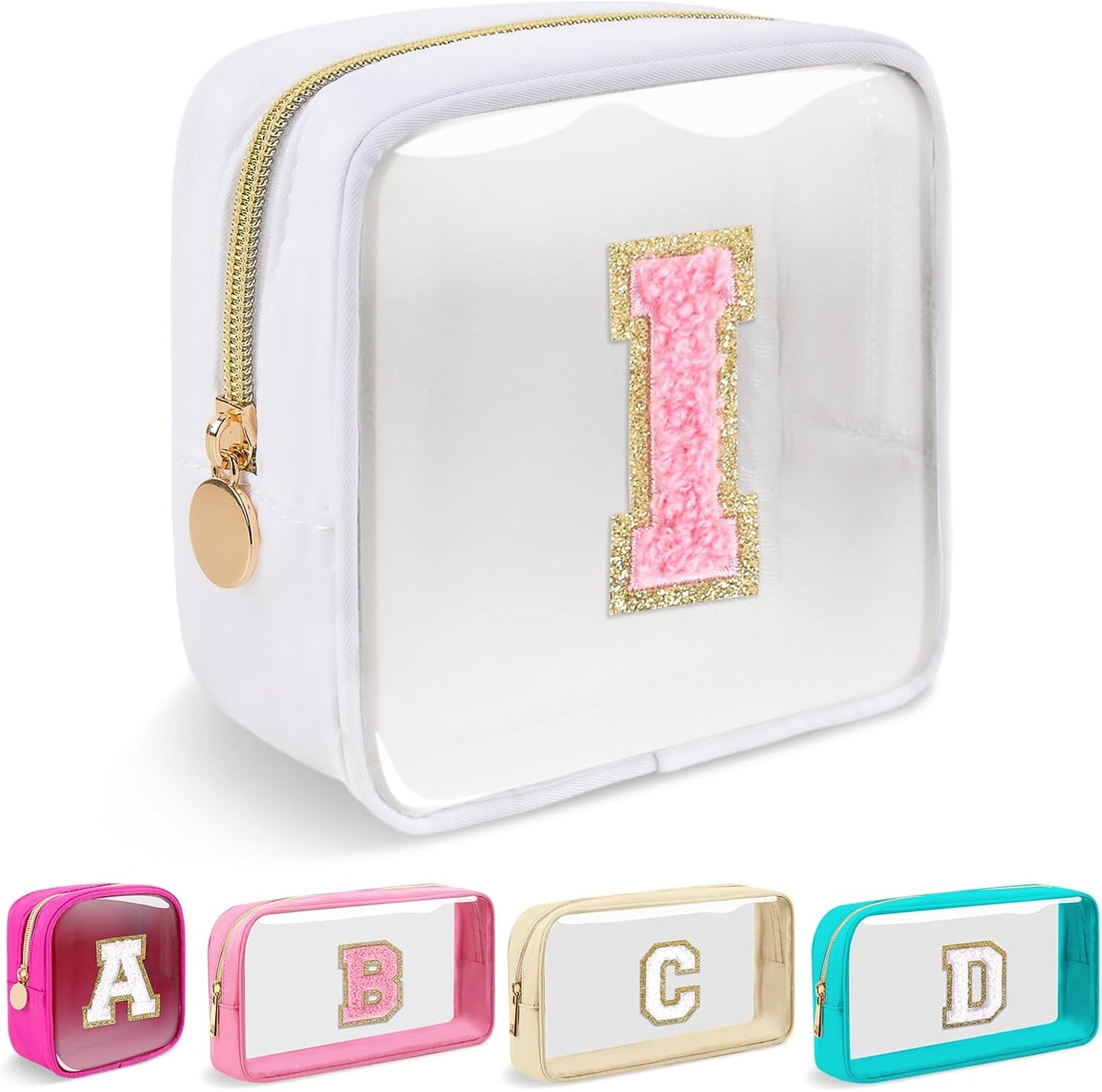 Personalized Initial Makeup Bag - Waterproof Nylon Cosmetic Pouch | A-Z Chenille Letter Patch, White-Pink G
