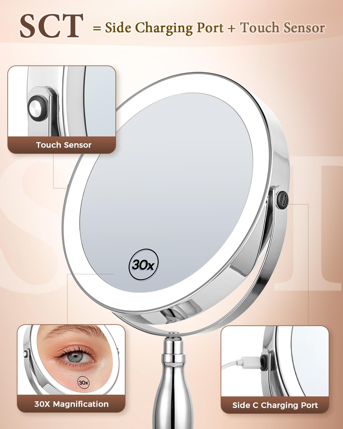 30x Lighted Makeup Mirror with Lights, 8" Double Sided Magnifying Mirror